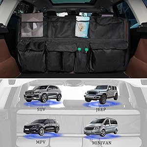 STHIRA® Car Trunk Organizer, Backseat Hanging Car Trunk Storage Box with Mesh Pockets, Waterproof Dustproof Oxford Cloth Cargo Bag Space Saver Trunk Organizer for SUV, Truck, 105x51cm STHIRA® Car Trunk Organizer, Backseat Hanging Car Trunk Storage Box with Mesh Pockets, Waterproof Dustproof Oxford Cloth Cargo Bag Space Saver Trunk Organizer for SUV, Truck, 105x51cm